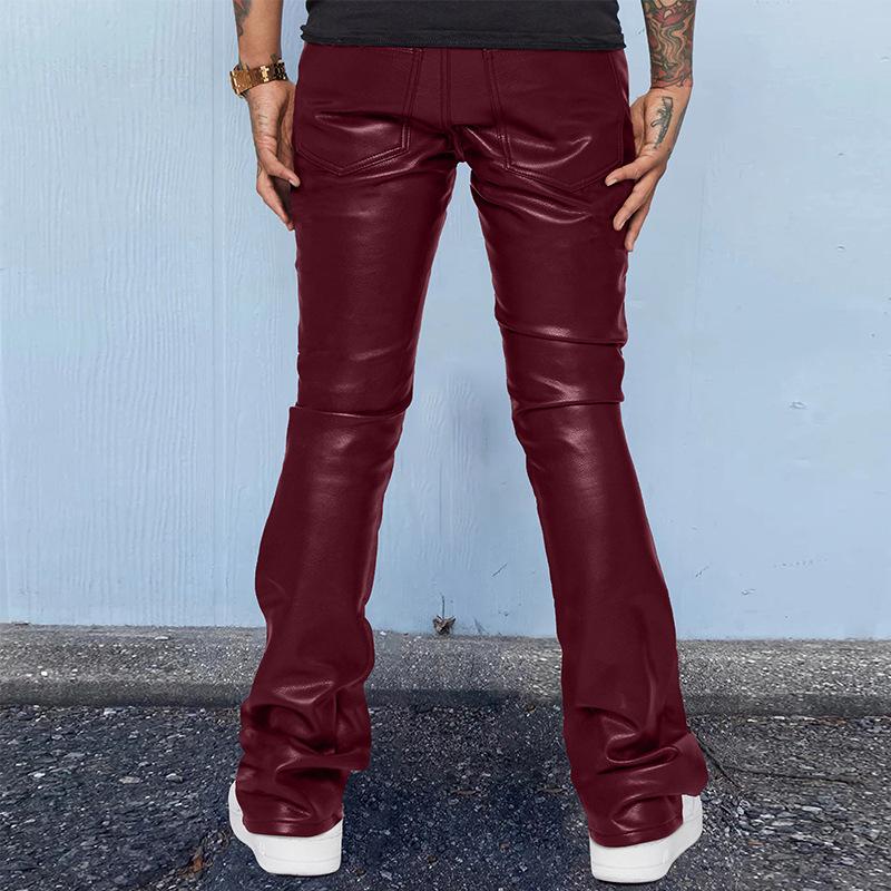 Mens Vintage Solid Color Mid-Rise Loose Thin Leather Pants 74802851M