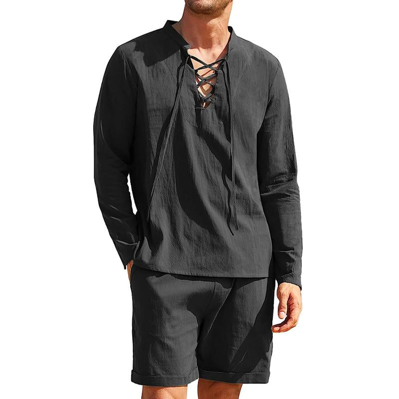 Mens Casual Solid Color Cotton Bandage Stand Collar Long Sleeve Shirt Shorts Set 59552911Y