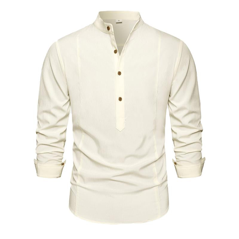 Mens Solid Color Simple Stand Collar Loose Casual Long Sleeve Shirt 01867878X