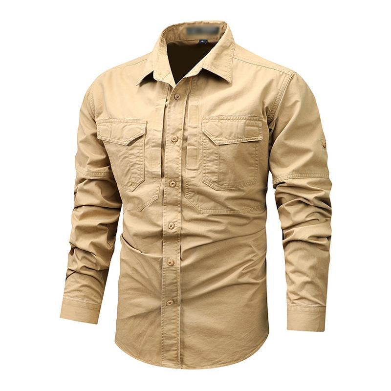 Mens Casual Washed Lapel Multi-pocket Loose Cargo Shirt 10090206M