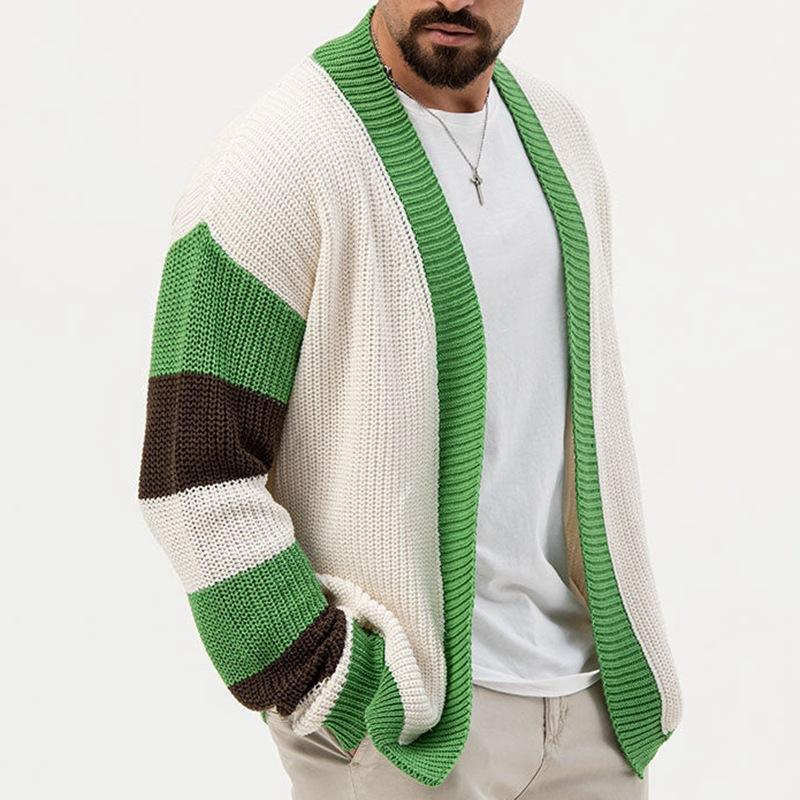 Mens Casual Contrasting Color Loose Chunky Knit Cardigan 28279422M