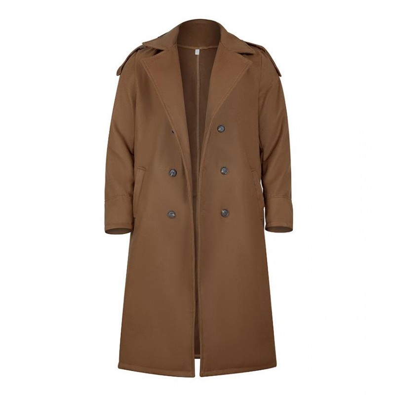 Mens Turn-down Collar Double Breasted Solid Long Coat 63857145Z