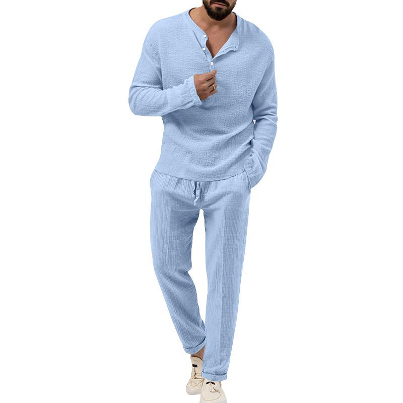 Mens Solid Loose Henley Collar Long Sleeve Shirt Trousers Set 26131708Z