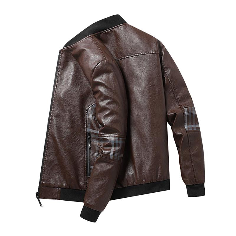 Mens Casual Stand Collar Plaid Stitching Loose Leather Jacket 92565825M