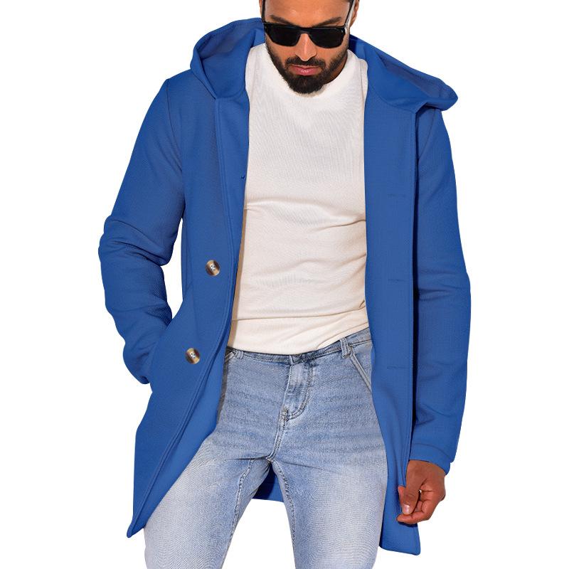 Mens Casual Solid Color Hooded Double-Breasted Long-Sleeved Windbreaker Coat 75393134M