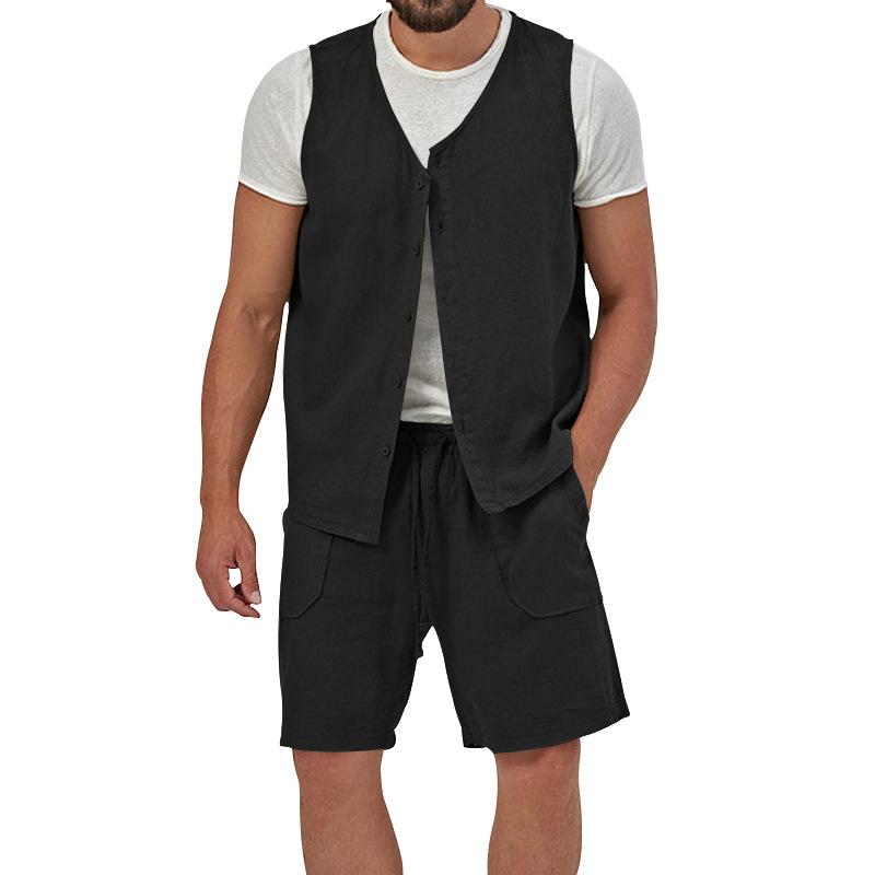 Mens Casual Loose Solid Color Sleeveless Vest Shorts Set 61445702X