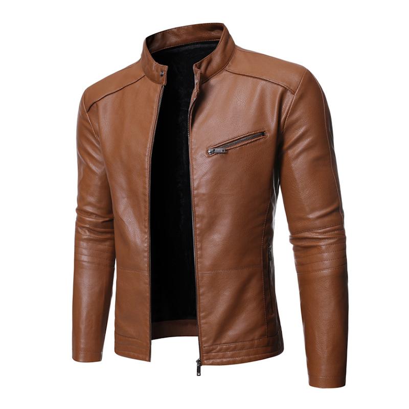 Mens Casual Solid Color Zipper Stand Collar Motorcycle Leather Jacket 91951708M
