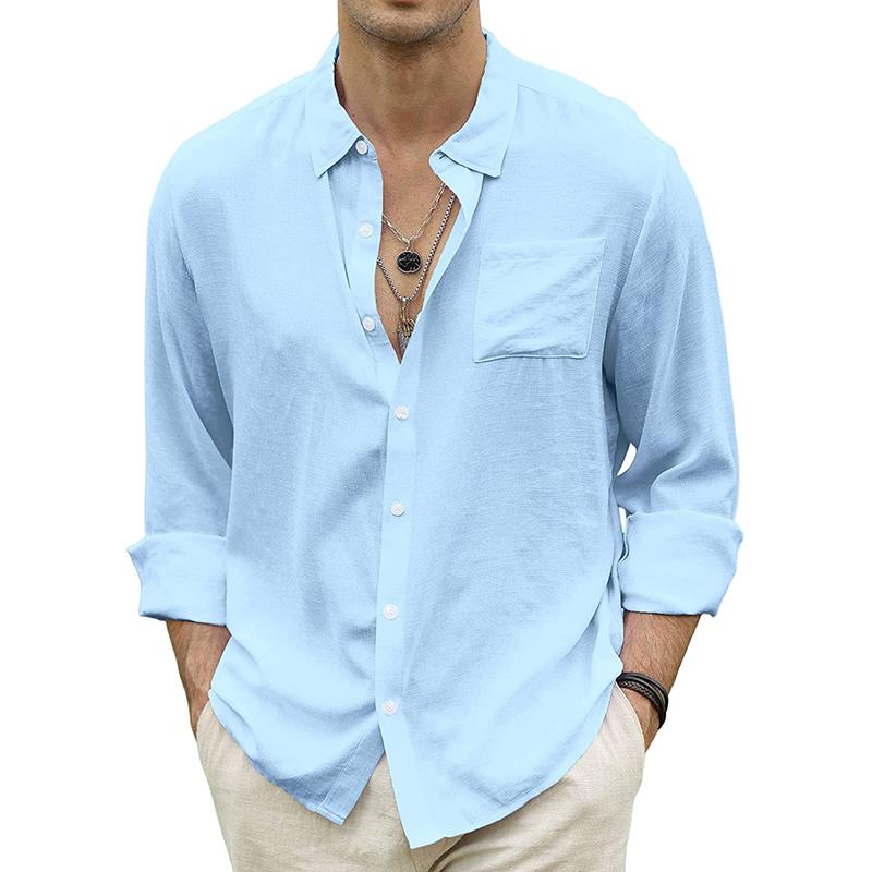 Mens Casual Lapel Linen Long Sleeve Shirt 21204935M