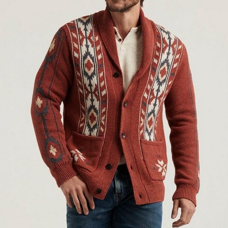 Mens Vintage Lapel Jacquard Long Sleeve Cardigan 57215280Y