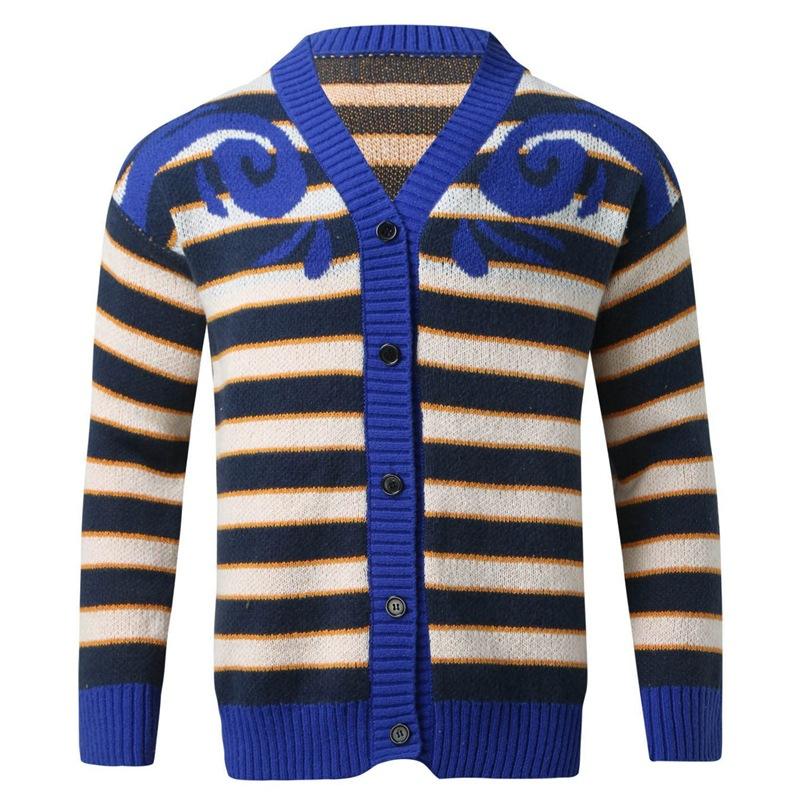 Mens Casual V-Neck Striped Single-Breasted Loose Knitted Cardigan 69993640M