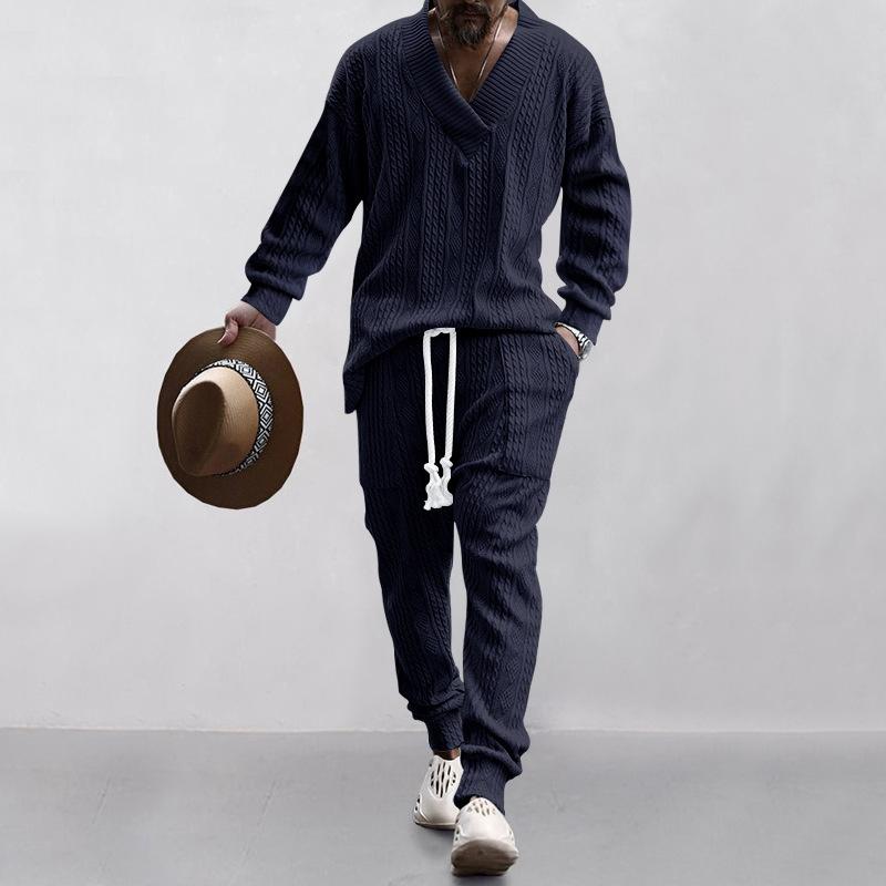 Mens Solid V-Neck Jacquard Knitwear Long Sleeve Top And Trousers Set 04682453Z