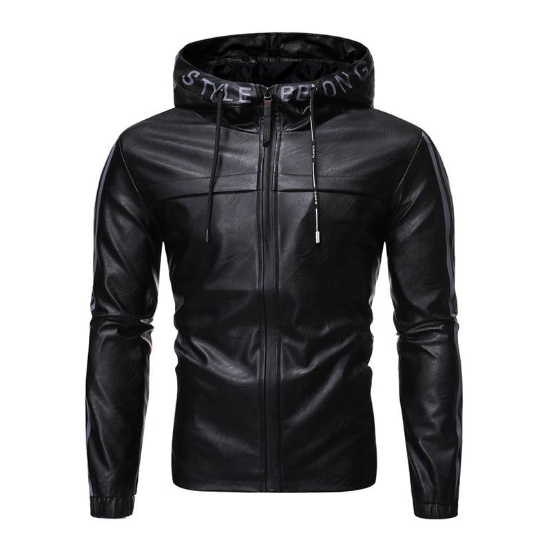 Mens Fashion Hooded Long Sleeve Zippered Leather Jacket 39712909M