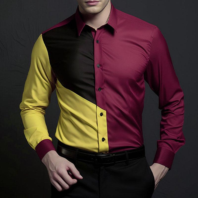 Mens Fashion Color Block Patchwork Lapel Long Sleeve Shirt 45869826M