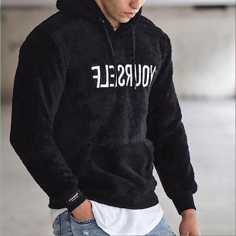 Mens Casual Polar Fleece Letter Embroidery Long Sleeve Hooded Sweatshirt 84452698Y