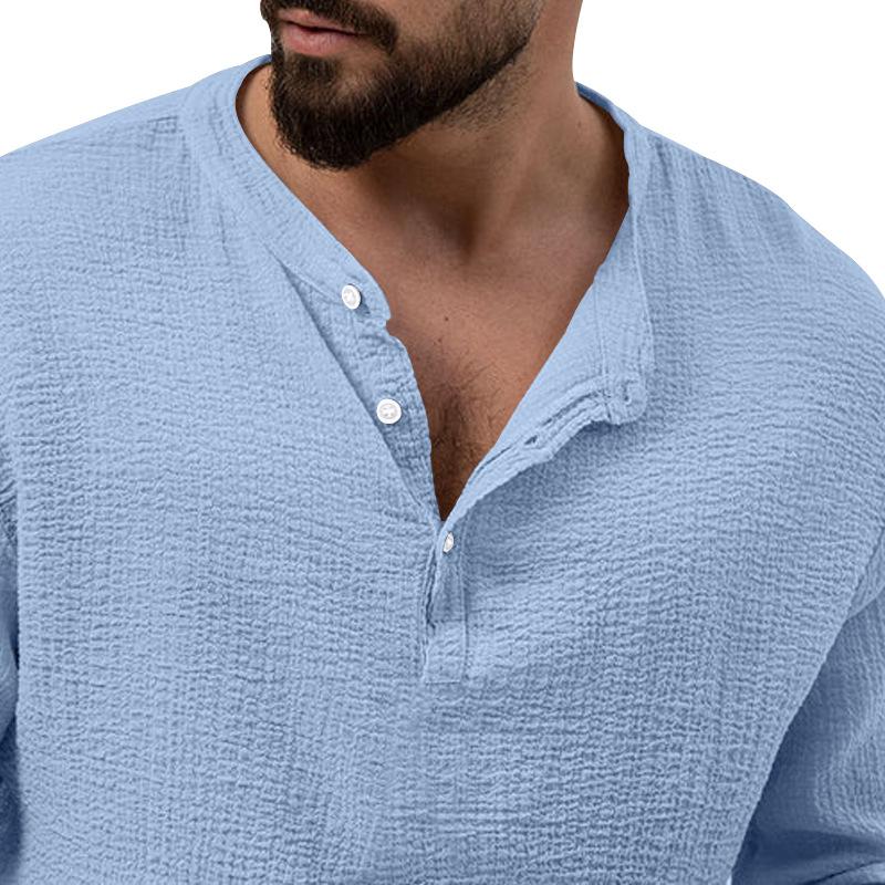 Mens Solid Loose Henley Collar Long Sleeve Shirt Trousers Set 26131708Z