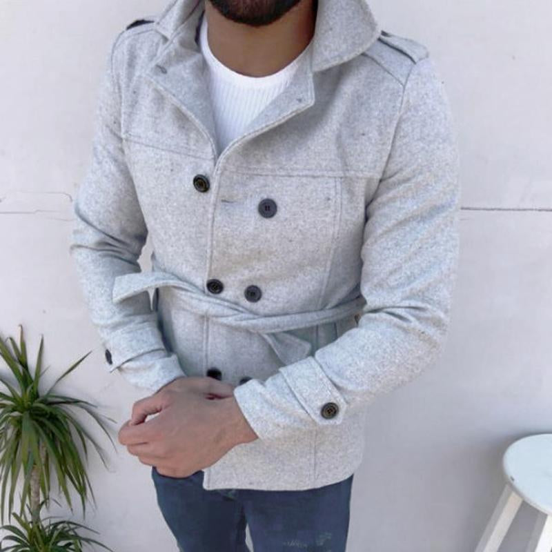 Mens Solid Color Long-sleeved Woolen Double-breasted Trench Coat 70060473X