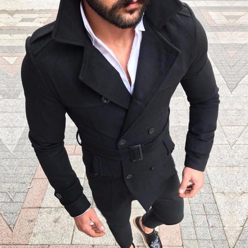 Mens Vintage Solid Color Wool Blended Lapel Double Breasted Belted Coat 64468270M
