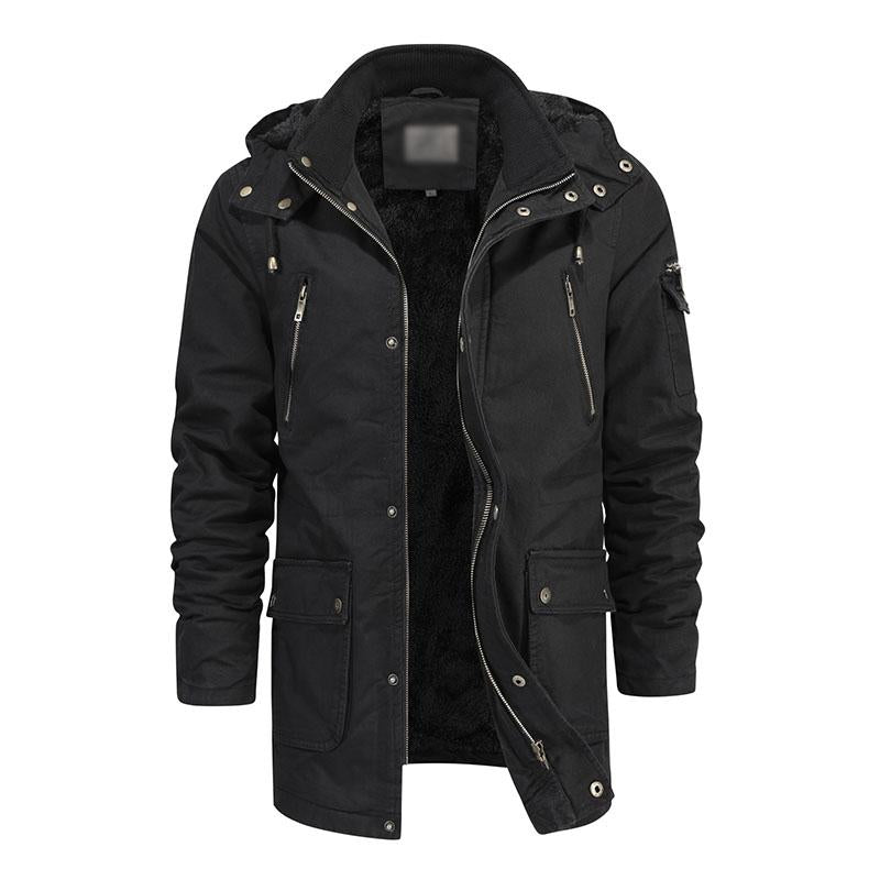 Mens Casual Cotton Multi-Pocket Hooded Zipper Fleece Lined Warm Mid-Length Coat 66242493M