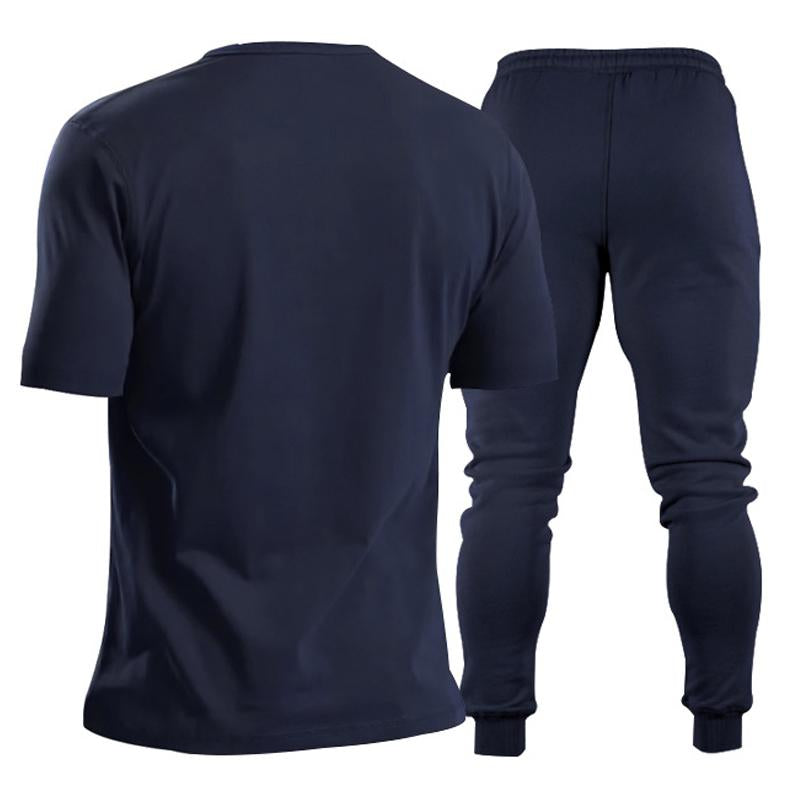 Mens Solid Color V-neck Short-sleeved Trousers Sports Two-piece Set 83772586X