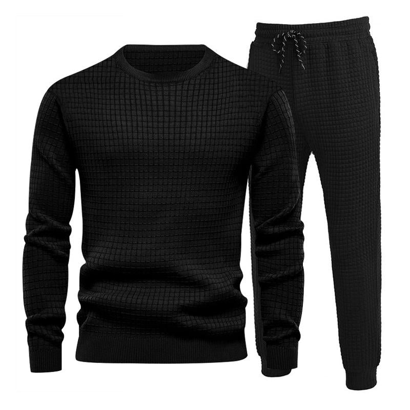 Mens Waffle Round Neck Long Sleeve Pants Two-piece Set 23138814X