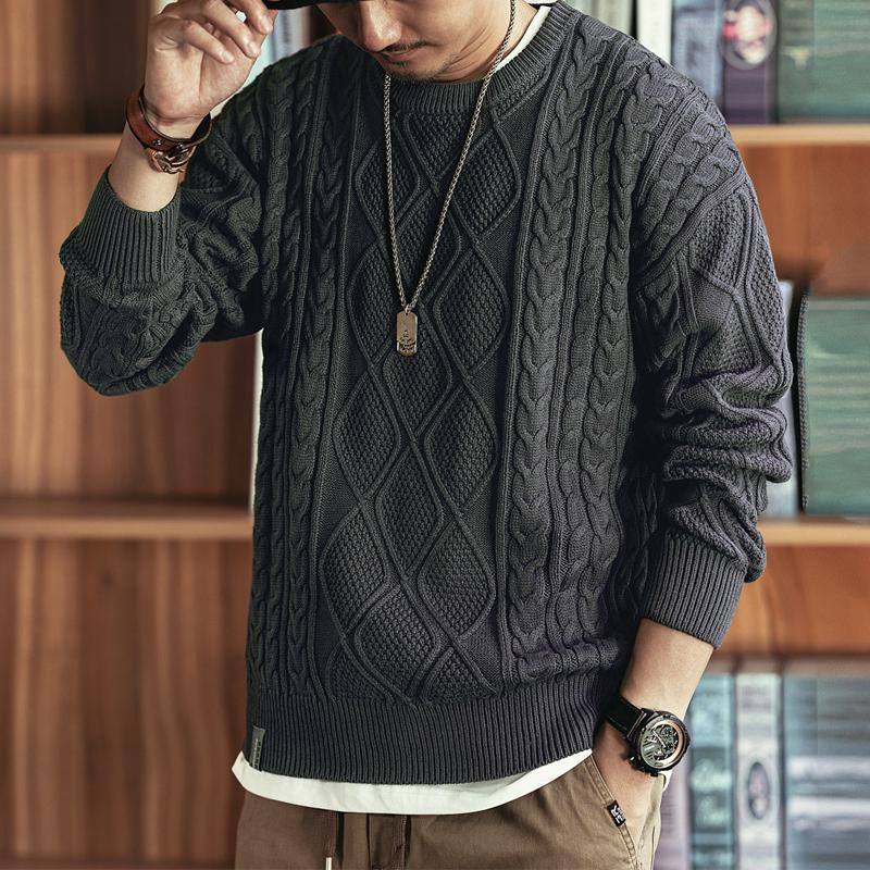 Mens Loose Solid Color Cable Round Neck Pullover Sweater 34106628Y
