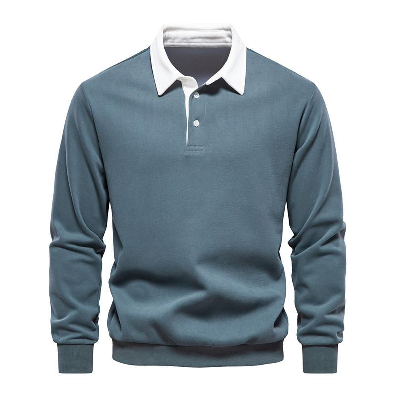 Mens Casual Color Contrasting Lapel Loose Long Sleeve Polo Shirt 72890642M