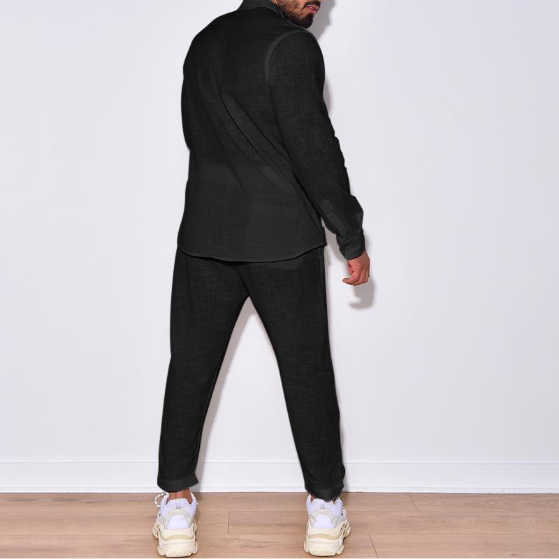 Mens Solid Loose Linen Stand Collar Long Sleeve Shirt Trousers Set 87851380Z