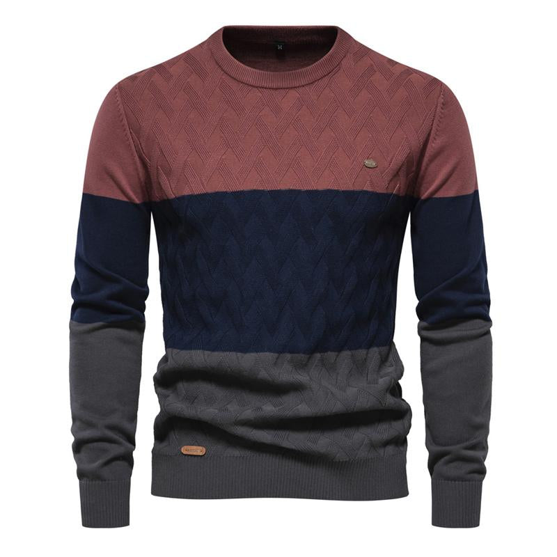 Mens Round Neck Color Contrast Stripe Knit Sweater 61073264X