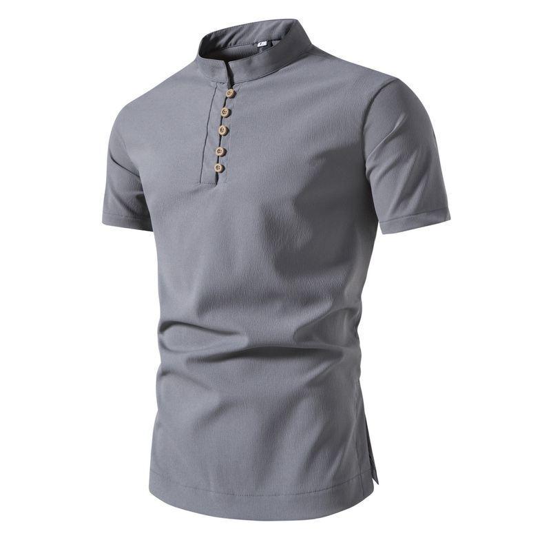 Mens Casual Shirt Retro Stand Collar Short Sleeve Shirt 25574754X