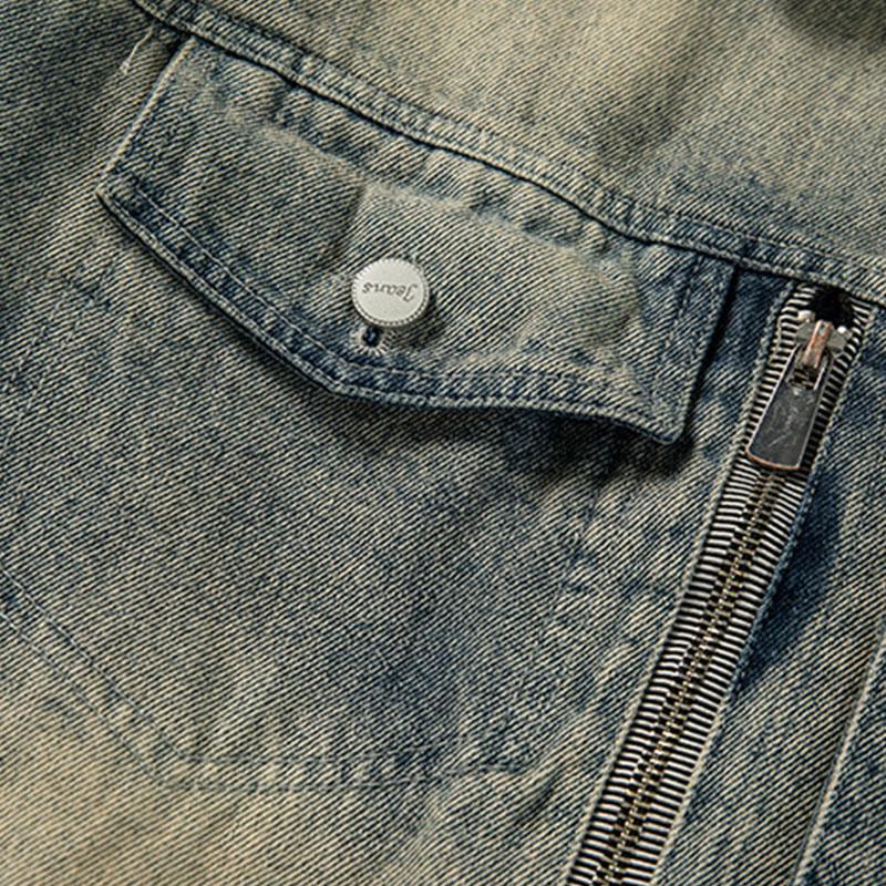Mens Vintage Distressed Washed Loose Lapel Single-Breasted Denim Jacket 33911061M