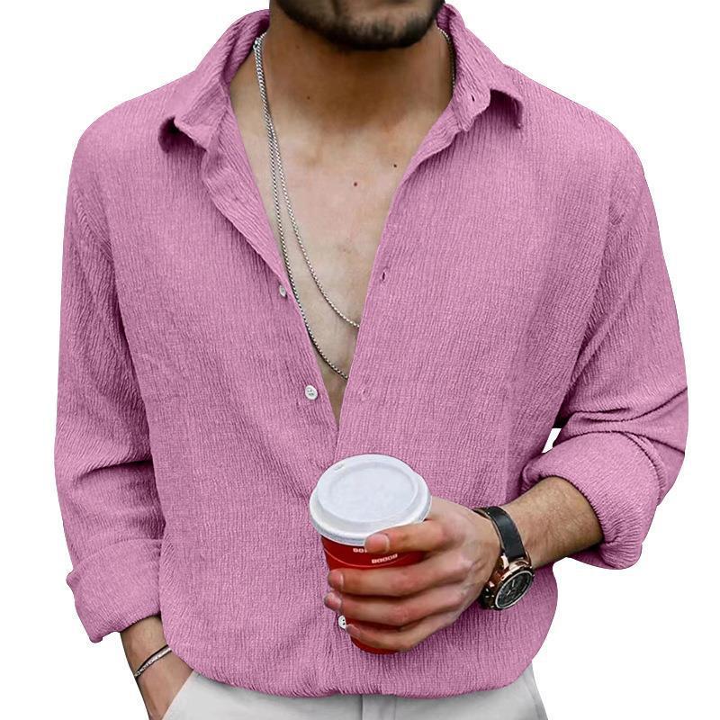 Mens Solid Loose Linen Lapel Long Sleeve Shirt 20359085Z