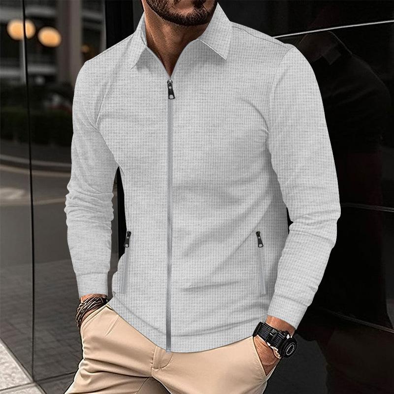 Mens Solid Waffle Lapel Long Sleeve Zipper Jacket 75285977Z