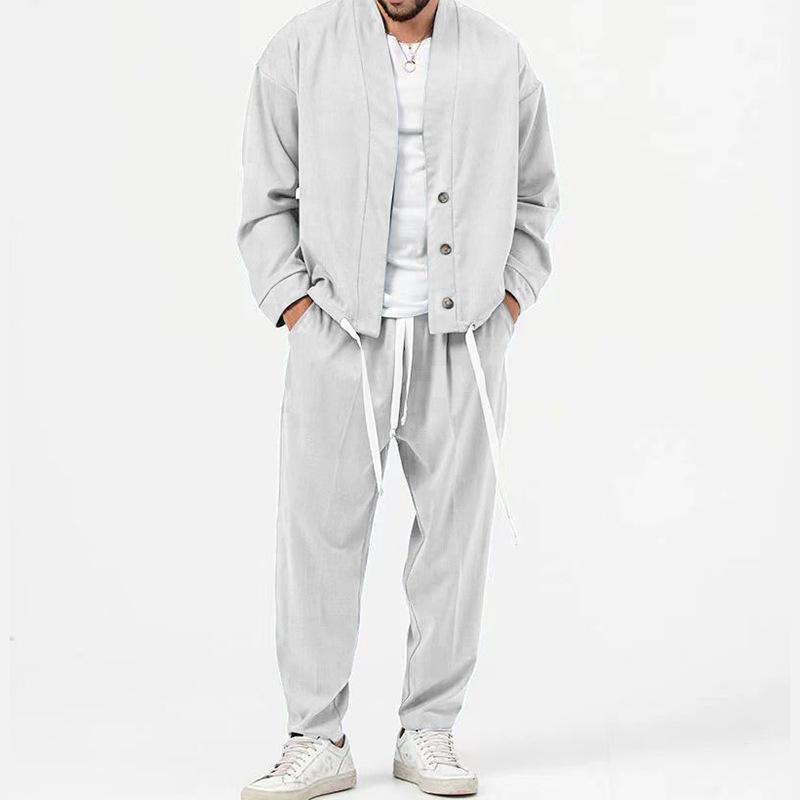 Mens Solid Loose Collarless Cardigan Trousers Casual Set 26852204Z