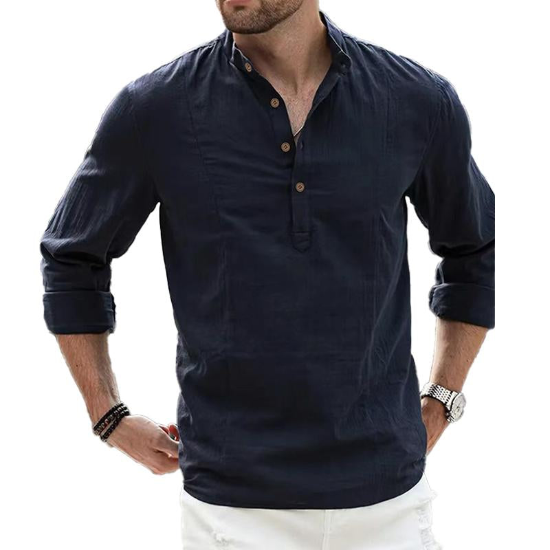 Mens Solid Color Simple Stand Collar Loose Casual Long Sleeve Shirt 01867878X