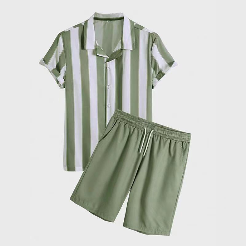 Mens Striped Print Beach Short-sleeve Shorts Two-piece Set 69737380X