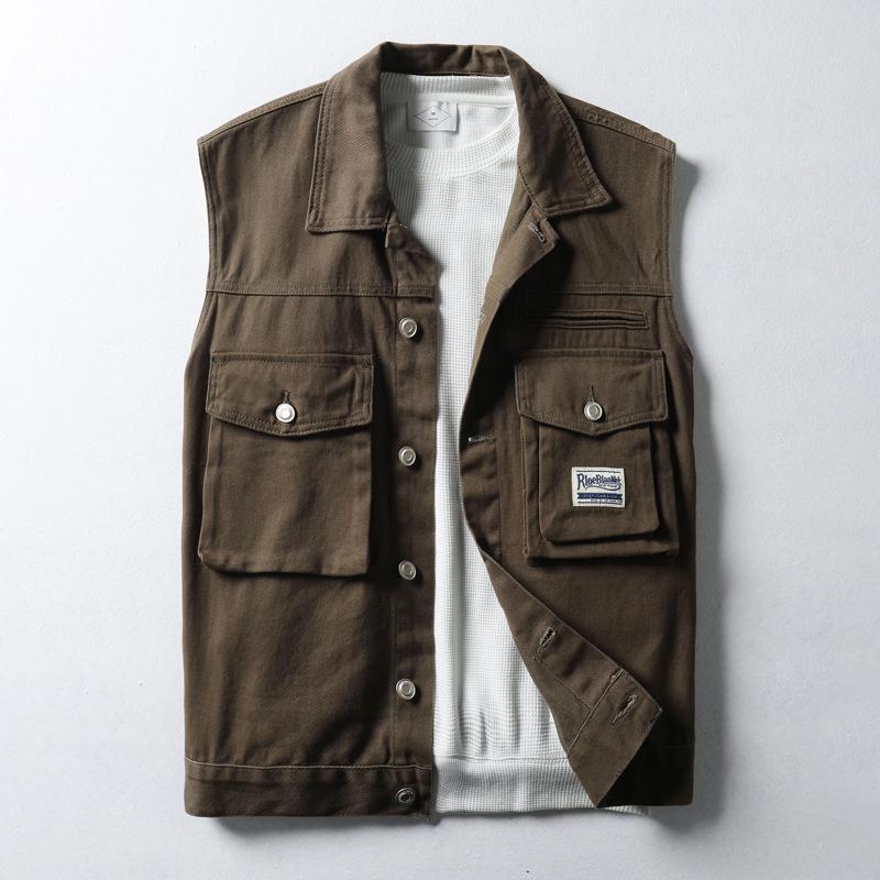 Mens Vintage Solid Color Double Chest Pocket Cargo Vest 64788389Y