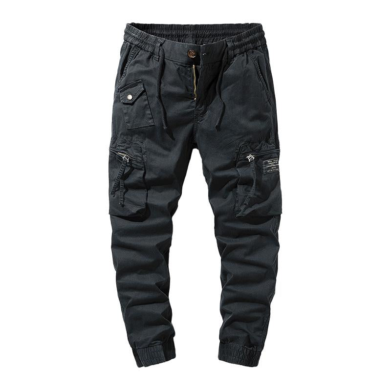 Mens Casual Solid Color Elastic Waist Multi-Pocket Cotton Cargo Pants 76185960M
