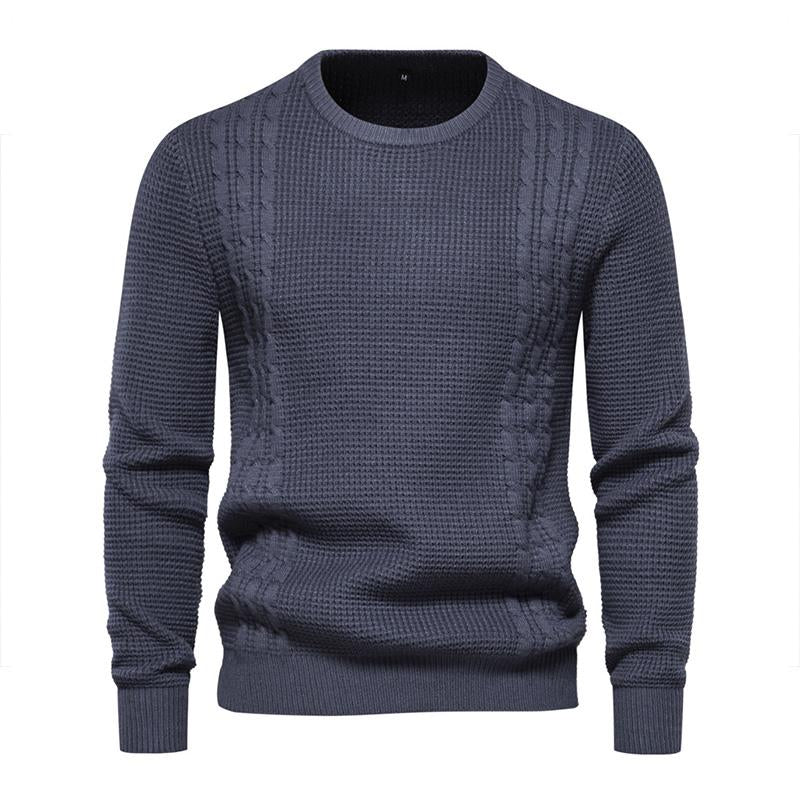 Mens Casual Solid Color Round Neck Waffle Knit Pullover Sweater 07757343M