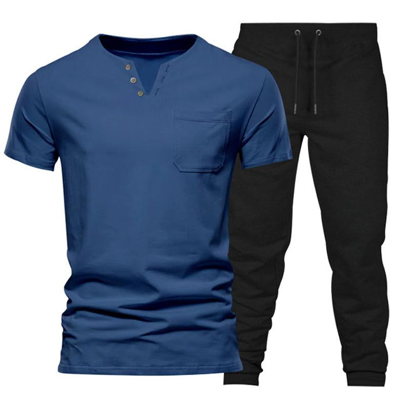 Mens Solid Color V-neck Short-sleeved Trousers Sports Two-piece Set 83772586X