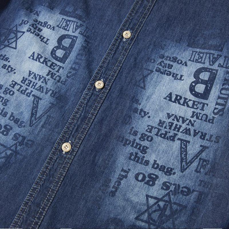 Mens Casual Letter Print Denim Long Sleeve Shirt 68203346Y