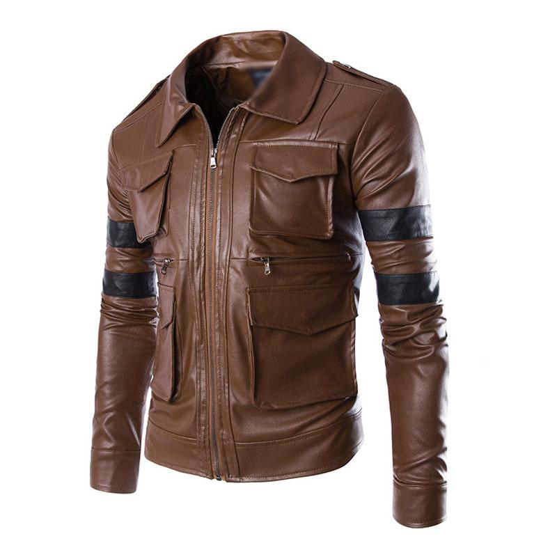 Mens Vintage Contrast Patchwork Lapel Multi-pocket Leather Jacket 16755981M