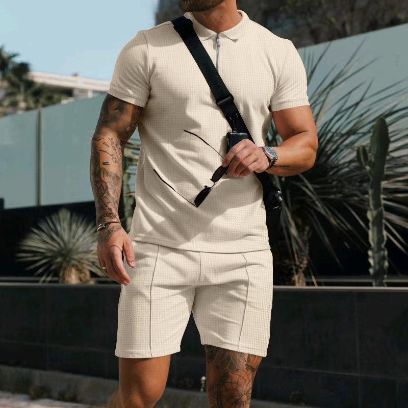 Mens Casual Waffle Solid Color Lapel Short Sleeve T-Shirt Shorts Set 42483174Y