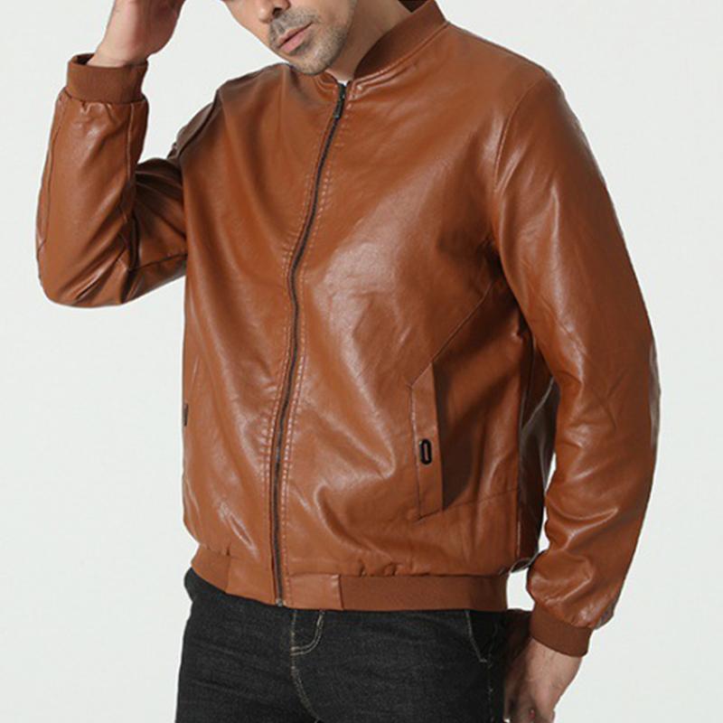 Mens Casual Solid Color Simple Baseball Collar Leather Jacket 75180694M