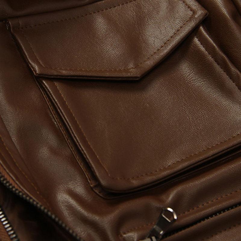 Mens Vintage Contrast Patchwork Lapel Multi-pocket Leather Jacket 16755981M