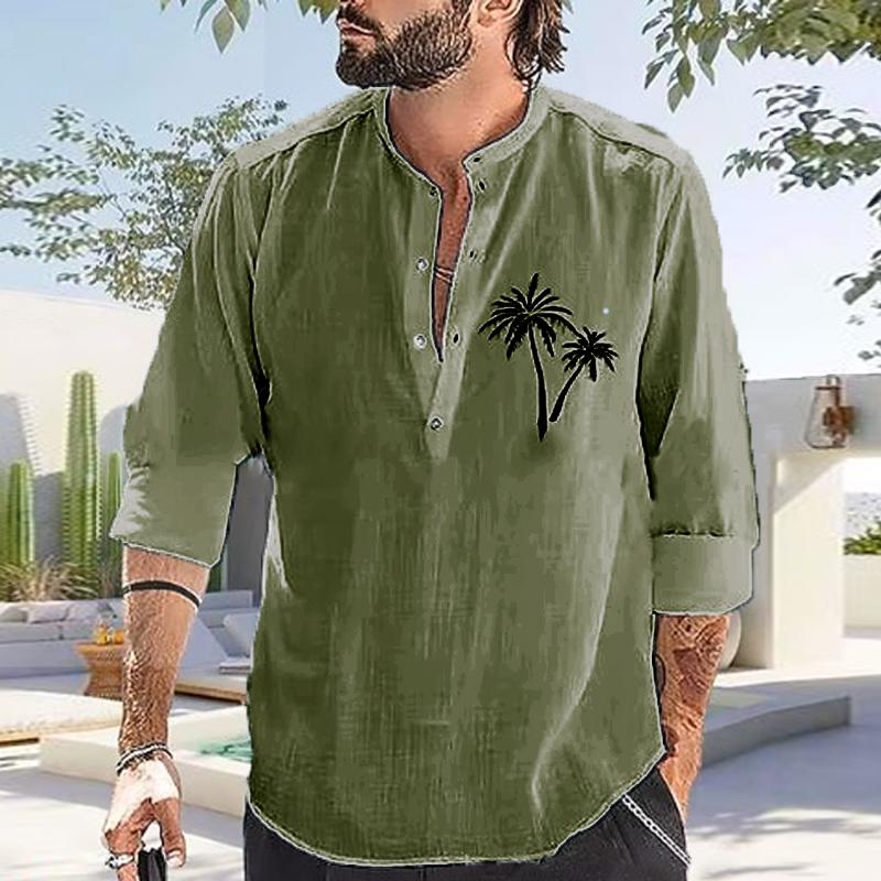 Mens Casual Coconut Print Stand Collar Cotton Linen Long Sleeve Shirt 56820050Y