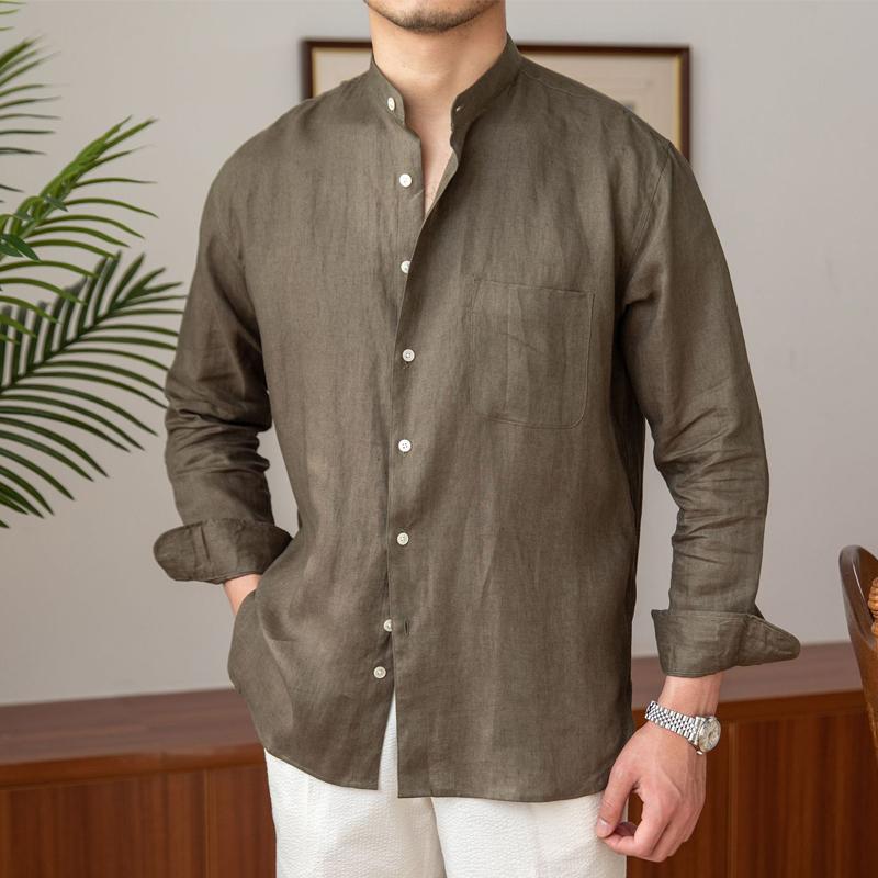Mens Casual Solid Color Linen Stand Collar Long Sleeve Shirt 05228420Y