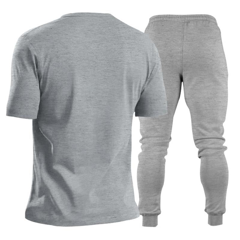 Mens Solid Color V-neck Short-sleeved Trousers Sports Two-piece Set 83772586X