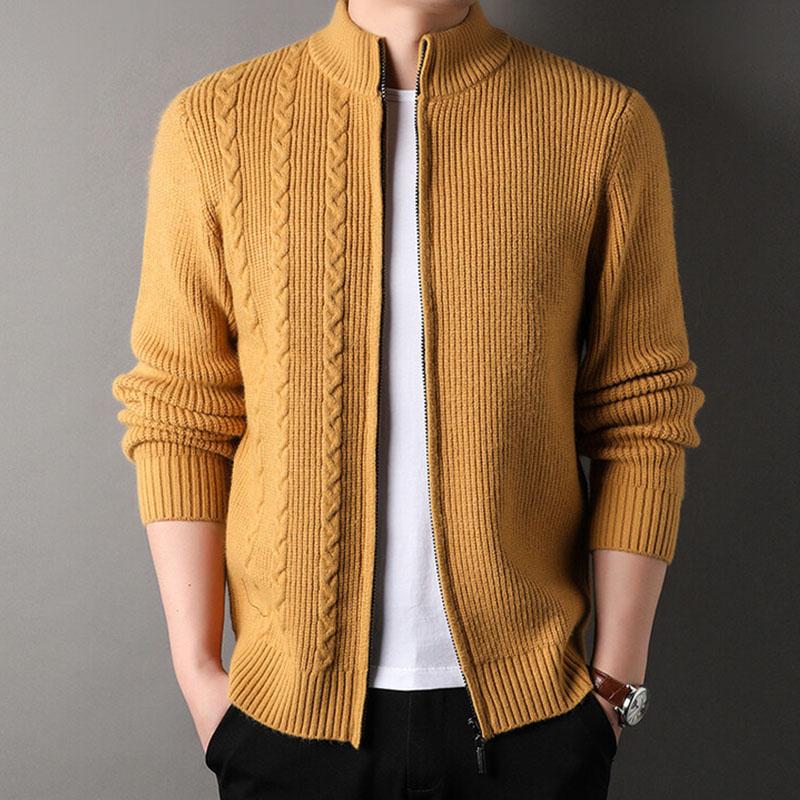 Mens Casual Stand Collar Cable Zipper Long Sleeve Knitted Cardigan 12911469M