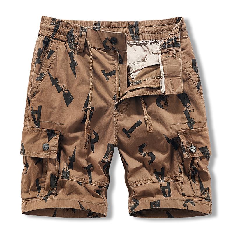 Mens Casual Letter Print Multi-Pocket Loose Cargo Shorts 77351830M