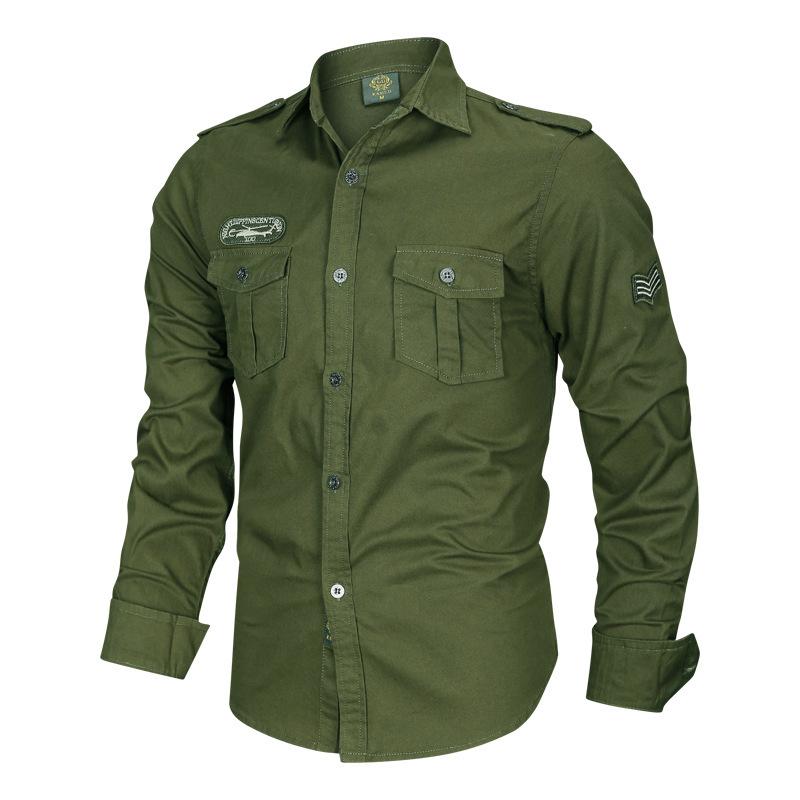 Mens Casual Solid Color Cotton Long Sleeve Cargo Shirt 50323941Y